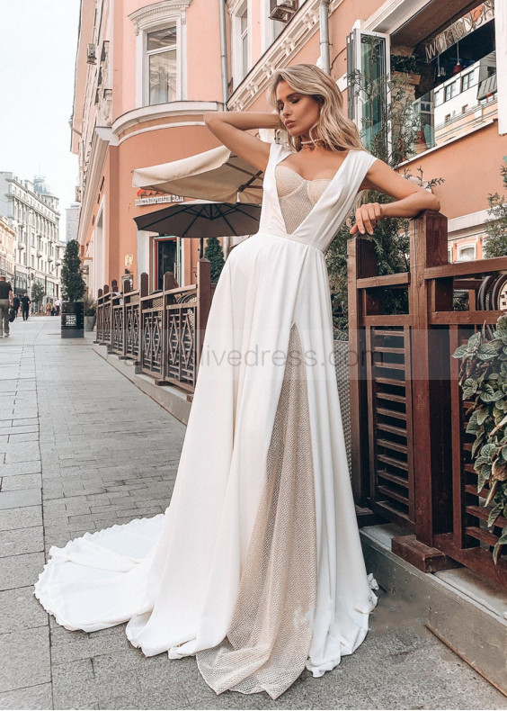 Ivory Chiffon Beige Glitter Tulle Wedding Dress